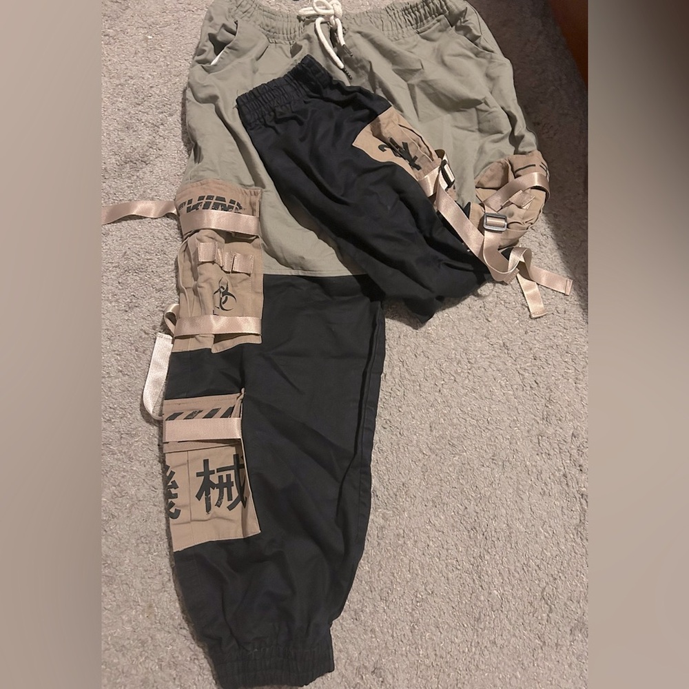 y clothing cargo pants black and green with brown cargo pockets and straps